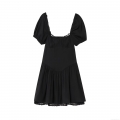 Women's Sexy Slim Fit Lace Poplin Mini Dress Puff Sleeve French Retro Square Neck Smocked Black Short Dress For Party Clubwear