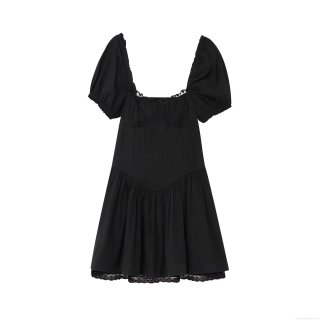 Women's Sexy Slim Fit Lace Poplin Mini Dress Puff Sleeve French Retro Square Neck Smocked Black Short Dress For Party Clubwear