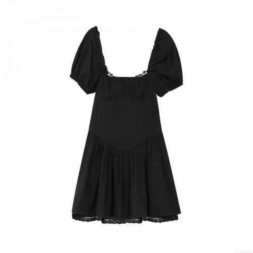 Women's Sexy Slim Fit Lace Poplin Mini Dress Puff Sleeve French Retro Square Neck Smocked Black Short Dress For Party Clubwear