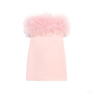 Women's Pink Strapless Mesh Mini Dress Sexy Slim Fit Fluffy Ruffle Party Socialite Elegant Clubwear Short Tube Top Dress For Summer Vacation And Night Out