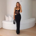 Women's Sexy V-Neck Mesh Patchwork Midi Dress Elegant Hollow Out Bodycon Strap Dress For Party Evening Clubwear Solid Black Sleeveless Dress