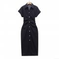 Women's 100% Cotton Short Sleeve Midi Dress Elegant Lapel Button Down Pleated Waist Shirt Dress For Summer Daily Casual Dating Outfits