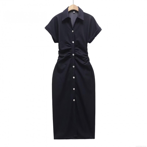 Women's 100% Cotton Short Sleeve Midi Dress Elegant Lapel Button Down Pleated Waist Shirt Dress For Summer Daily Casual Dating Outfits