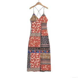 Bohemian Printed Halter Maxi Dress With Wooden Beads Decor V Neck Backless Sleeveless Polyester Long Dress For Women Summer Vacation Party