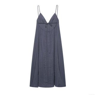 Women's Elegant Solid Color V-Neck Spaghetti Strap Midi Dress 100% Polyester Sleeveless Crinkle Texture Drawstring Long Dress For Party Clubwear