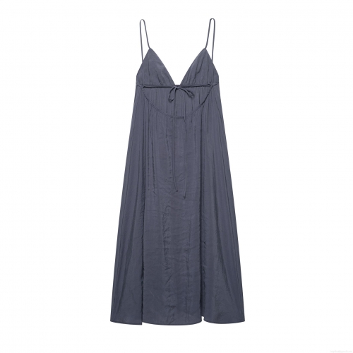 Women's Elegant Solid Color V-Neck Spaghetti Strap Midi Dress 100% Polyester Sleeveless Crinkle Texture Drawstring Long Dress For Party Clubwear