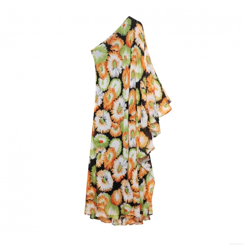 Elegant One Shoulder Single Sleeve Floral Print Maxi Dress Women's Sexy Daisy Ruffle Hem Long Dress For Party Vacation Banquet Slim Fit Summer Evening Gown