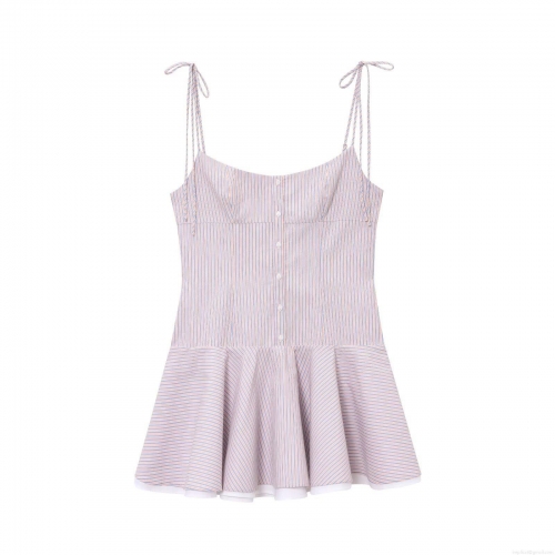 Women's Striped Cami Mini Dress With Ruffle Hem Button Front Sleeveless Polyester Blend Sexy Bodycon Dress For Summer Vacation Party Date Night