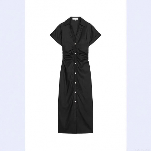 Women's Elegant Solid Color Short Sleeve Shirt Dress Ruched Waist Button Down Slim Fit Maxi Dress For Summer Vacation Daily Wear