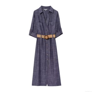 Women's Elegant Cotton Linen Blend Midi Dress V-Neck Lapel Button Down Shirt Dress With Straw Braid Belt Casual Solid Color Short Sleeve Dress