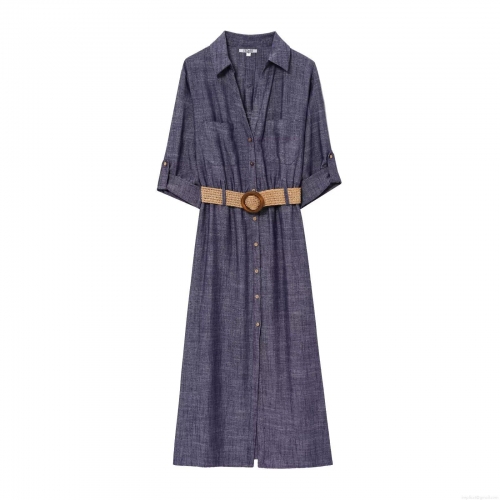 Women's Elegant Cotton Linen Blend Midi Dress V-Neck Lapel Button Down Shirt Dress With Straw Braid Belt Casual Solid Color Short Sleeve Dress