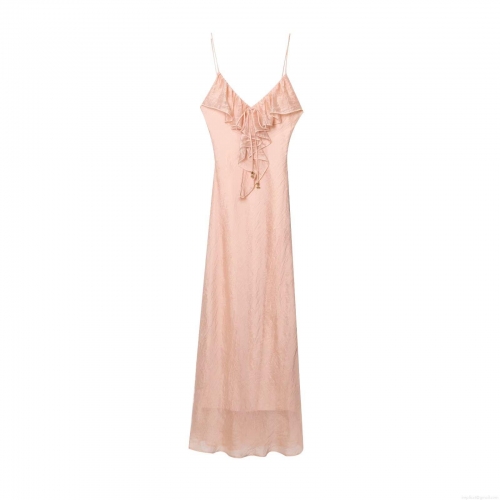Women's Elegant Satin Maxi Dress V-Neck Spaghetti Strap Ruffle Tencel Polyester Solid Peach Pink Long Party Dress For Ladies