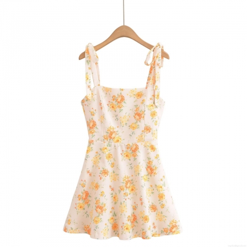 Women's French Pastoral Floral Mini Dress Square Neck Bow Tie Straps A-Line Summer Elegant Party Sleeveless Polyester Chiffon Dress