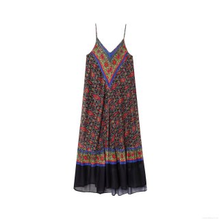 Women Bohemian V Neck Strap Maxi Dress Ethnic Print Sleeveless Chiffon Patchwork Long Sundress For Summer Vacation Beach Lady Comfortable Casual Dressing