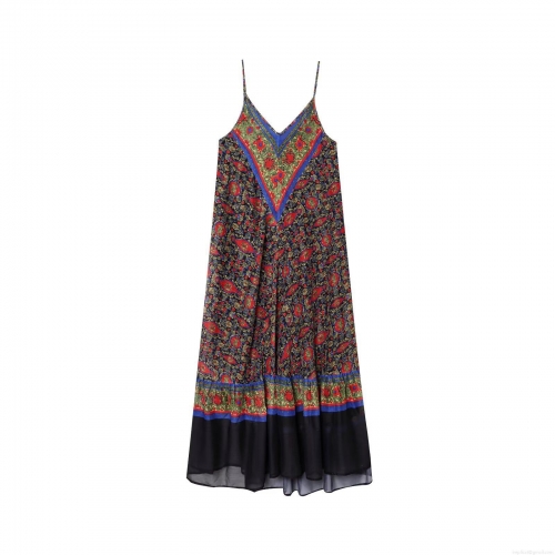 Women Bohemian V Neck Strap Maxi Dress Ethnic Print Sleeveless Chiffon Patchwork Long Sundress For Summer Vacation Beach Lady Comfortable Casual Dressing