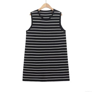 Women's Round Neck Sleeveless Mini Dress Simple Casual Black and White Horizontal Striped Knit Polyester Summer Streetwear Chic Straight Dress