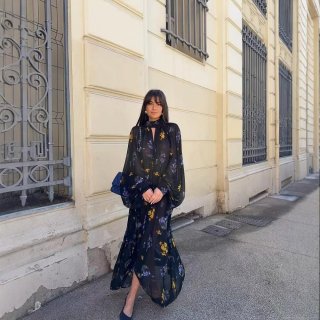 Women Elegant Floral Print Maxi Dress Long Sleeve Mock Neck Hollow Out Chiffon Lantern Sleeve Party Casual Vacation Long Dress