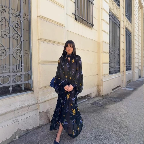 Women Elegant Floral Print Maxi Dress Long Sleeve Mock Neck Hollow Out Chiffon Lantern Sleeve Party Casual Vacation Long Dress