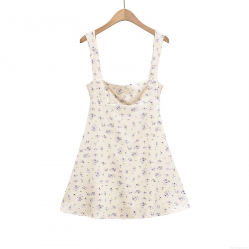 Elegant Women Purple Floral Print Camisole Mini Dress Backless Bow Tie Slim Fit A-Line Chiffon Texture Short Summer Dress For Party Date