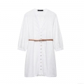 Women's Elegant White Hollow Out Embroidery Mini Dress With Brown Belt Long Sleeve V Neck Button Down Polyester Cotton Blend Vacation Party Short Dress