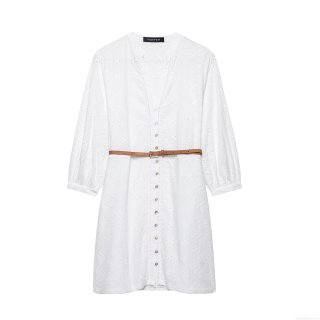 Women's Elegant White Hollow Out Embroidery Mini Dress With Brown Belt Long Sleeve V Neck Button Down Polyester Cotton Blend Vacation Party Short Dress