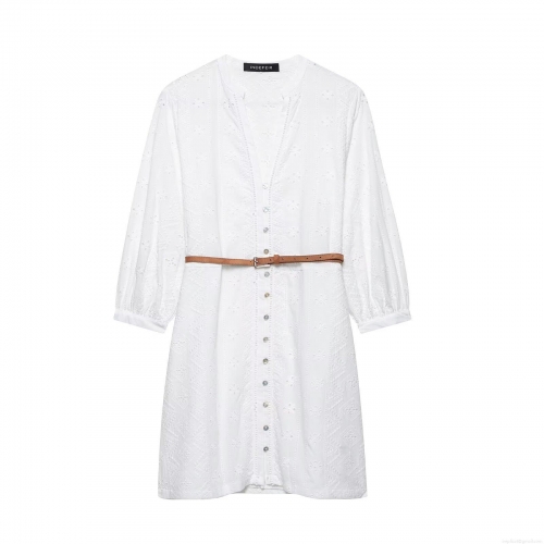 Women's Elegant White Hollow Out Embroidery Mini Dress With Brown Belt Long Sleeve V Neck Button Down Polyester Cotton Blend Vacation Party Short Dress
