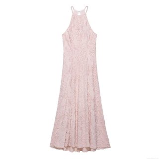 Women Elegant Halter Neck Maxi Dress Textured Jacquard Sleeveless Formal Evening Gown Pale Pink Flowy Long Party Dress For Special Occasion