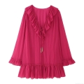 Women's Elegant Rose Red Pleated Mini Dress V-Neck Ruffle Chiffon Long Sleeve Pullover A-Line Slim Party Fashion Clothing