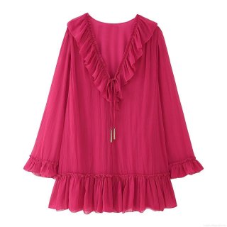 Women's Elegant Rose Red Pleated Mini Dress V-Neck Ruffle Chiffon Long Sleeve Pullover A-Line Slim Party Fashion Clothing