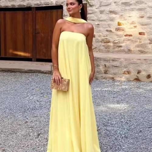Women's Elegant Halter Maxi Dress Chiffon Solid Color Sleeveless Tube Top Flowy Long Dress for Summer Vacation Party Evening