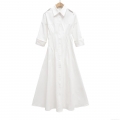Women Elegant White Shirt Dress Solid Color Single Breasted Waist Midi Dress Polo Collar Three Quarter Sleeve Casual Office Party Maxi Dress For Lady