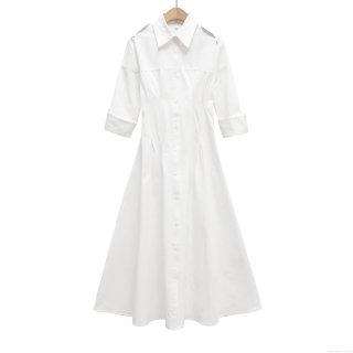 Women Elegant White Shirt Dress Solid Color Single Breasted Waist Midi Dress Polo Collar Three Quarter Sleeve Casual Office Party Maxi Dress For Lady