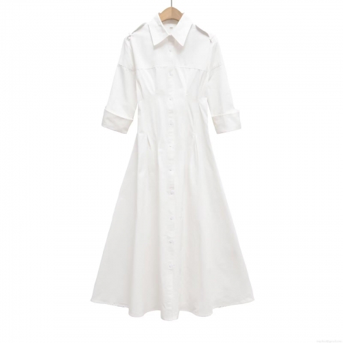 Women Elegant White Shirt Dress Solid Color Single Breasted Waist Midi Dress Polo Collar Three Quarter Sleeve Casual Office Party Maxi Dress For Lady