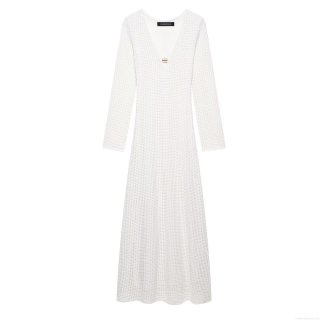 Women Elegant White Crochet Knit Maxi Dress Sexy V Neck Long Sleeve Mesh Hollow Out Dress With Metal Buckle For Party Club Vacation