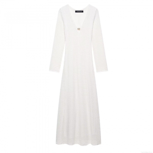 Women Elegant White Crochet Knit Maxi Dress Sexy V Neck Long Sleeve Mesh Hollow Out Dress With Metal Buckle For Party Club Vacation