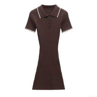 Women's Contrast Trim Knitted Polo Mini Dress Short Sleeve Slim Fit Cable Knit Casual Bodycon Party Dress With Buttons For Women