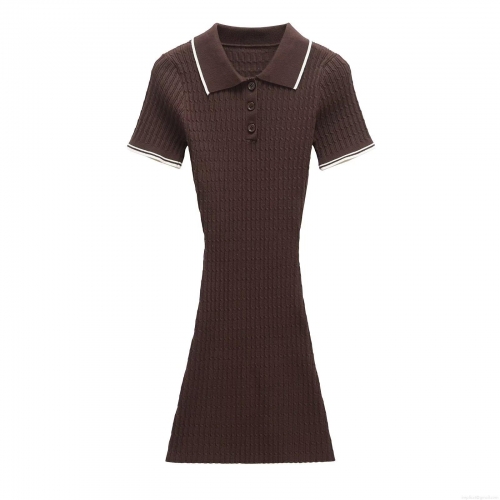 Women's Contrast Trim Knitted Polo Mini Dress Short Sleeve Slim Fit Cable Knit Casual Bodycon Party Dress With Buttons For Women