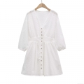Elegant White V Neck Hollow Out Embroidery Lace Mini Dress Women's French Style Long Sleeve Single Breasted Button Up Short Dress For Summer Spring Dating