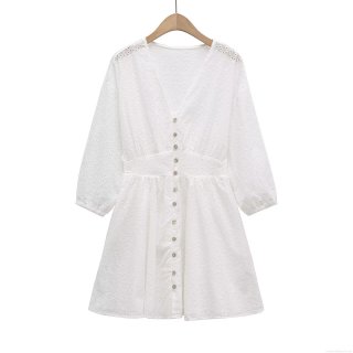 Elegant White V Neck Hollow Out Embroidery Lace Mini Dress Women's French Style Long Sleeve Single Breasted Button Up Short Dress For Summer Spring Dating