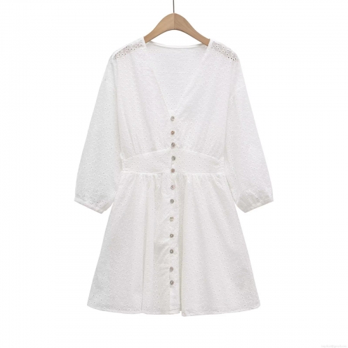 Elegant White V Neck Hollow Out Embroidery Lace Mini Dress Women's French Style Long Sleeve Single Breasted Button Up Short Dress For Summer Spring Dating