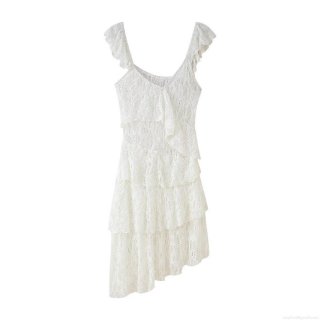 Women Elegant White Lace Ruffle Strap Mini Dress V Neck Multi Layered Cake Irregular Hem Sleeveless Party Cocktail Dresses For Women