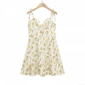 Women Floral Print Slip Midi Dress Summer Sexy V-Neck Tie Shoulder Straps White Blue Yellow Flower Print A-Line Cami Dress for Vacation Party Women