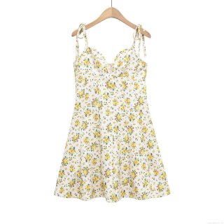 Women Floral Print Slip Midi Dress Summer Sexy V-Neck Tie Shoulder Straps White Blue Yellow Flower Print A-Line Cami Dress for Vacation Party Women