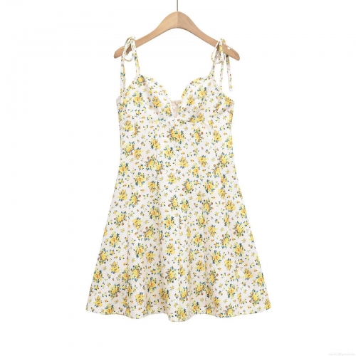 Women Floral Print Slip Midi Dress Summer Sexy V-Neck Tie Shoulder Straps White Blue Yellow Flower Print A-Line Cami Dress for Vacation Party Women