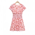 Women's Pink Floral Print Mini Dress Short Sleeve Round Neck Smocking Elastic Waist Chiffon Texture Elegant A-Line Summer Vacation Beach Dress For Women