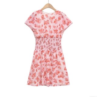 Women's Pink Floral Print Mini Dress Short Sleeve Round Neck Smocking Elastic Waist Chiffon Texture Elegant A-Line Summer Vacation Beach Dress For Women