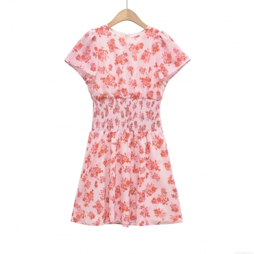 Women's Pink Floral Print Mini Dress Short Sleeve Round Neck Smocking Elastic Waist Chiffon Texture Elegant A-Line Summer Vacation Beach Dress For Women
