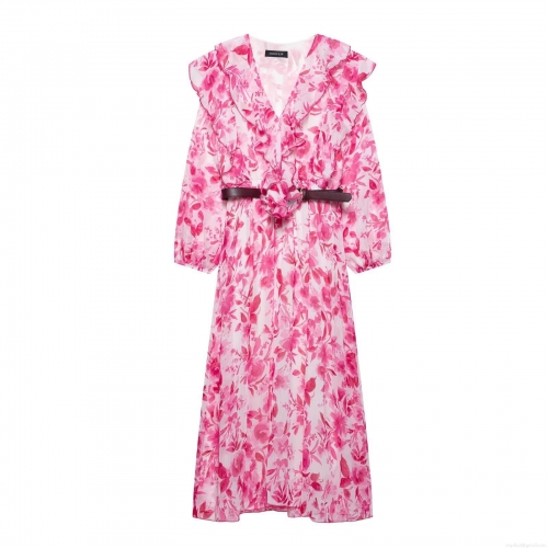 Women's Elegant Floral Print Midi Dress V-Neck Long Sleeve Chiffon Polyester Dress With Brown Leather Belt Ruffle Trim Party Casual Clothing