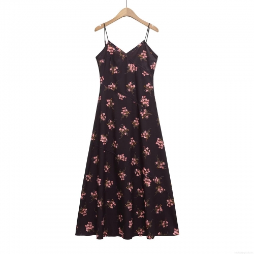 Elegant Floral Print Cami Dress For Women Sexy V Neck Satin Polyester Sling Maxi Dress Summer Party Vacation Slim Fit Long Dress