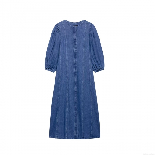 Women's Denim Midi Dress Round Neck Puff Sleeve A-Line Long Dress Elegant Casual Blue Polyester Denim Solid Color Retro Style Party Outfit For Ladies